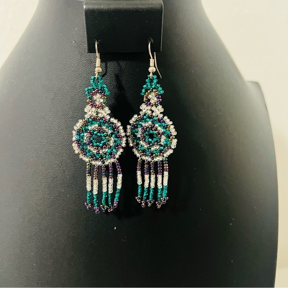 Navajo Style Seed Bead Handmade Earrings Dangle Multicolor Western Boho - Picture 2 of 3